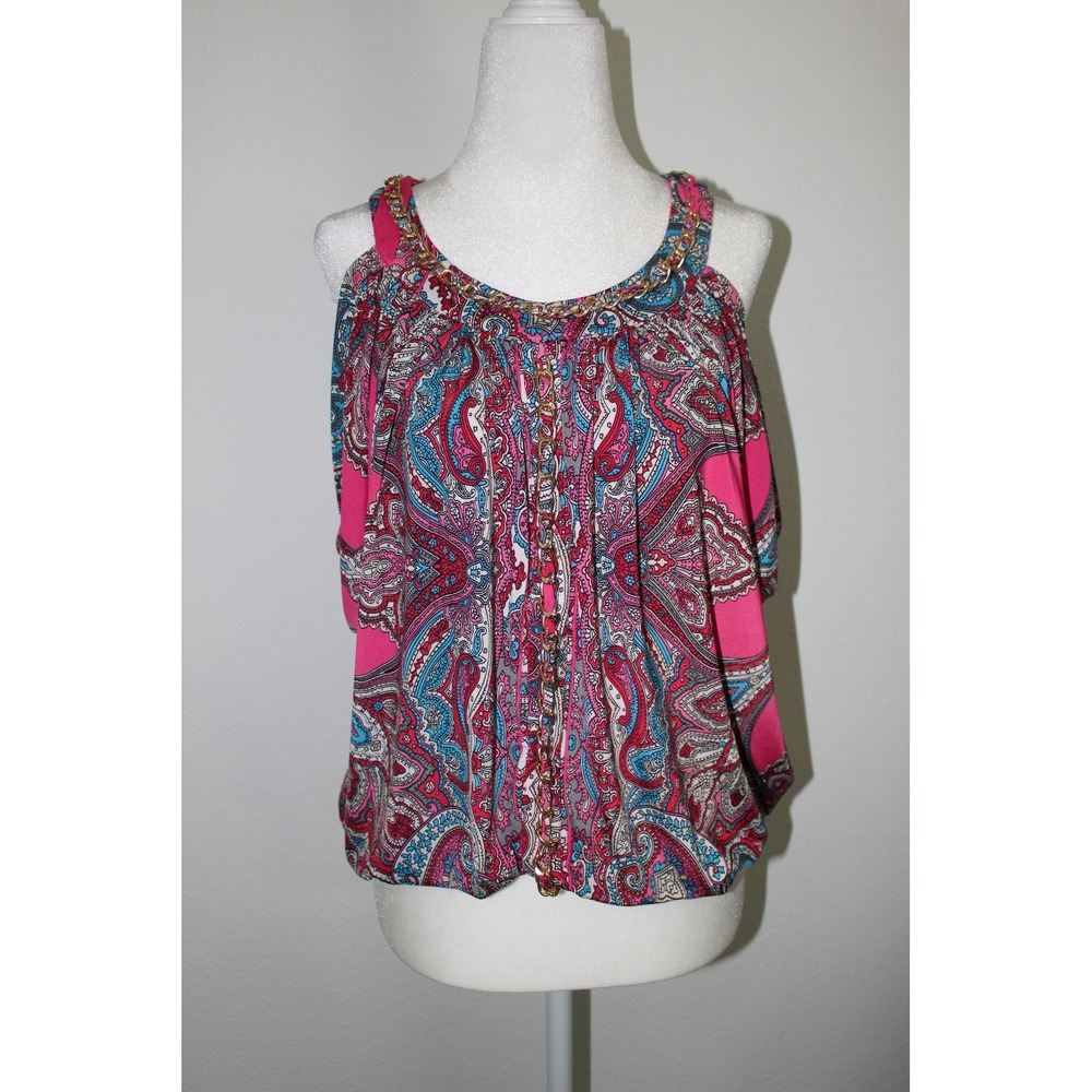 Cache‎ Women's Pink Paisley Peacock Cold Shoulder Top Gold Chain Neckline Size M